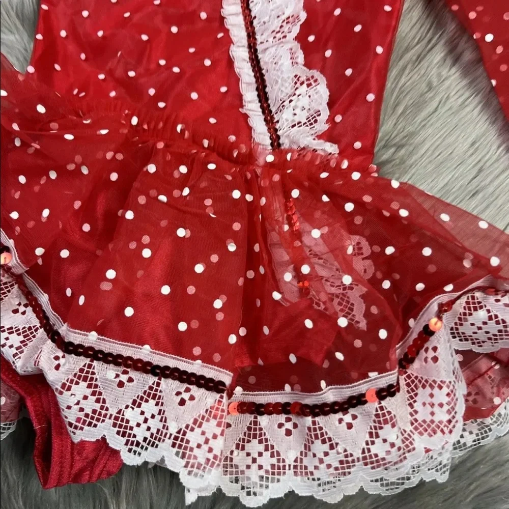 Vintage Girls Wolff Fording Co Red White Dot Sheer Lace Ruffle Dance Costume
